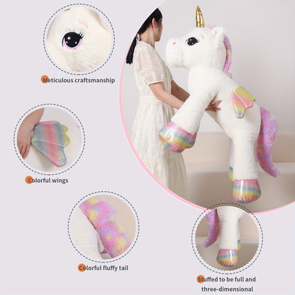 Giant Unicorn Plush Toy, White Soft & Cuddly Stuffed Animal with Rainbow Mane, Playful Design, Perfect Birthday Christmas or Halloween Gift for Youngsters Girlfriend or Boys, 44", Cozy Body Pillow, Best for Christmas Perfect