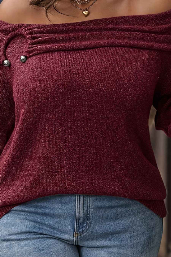 Plus Size, Plus Size Elegant Burgundy Off-the-Shoulder Winter Sweater - Oversized Collar Cardigan Coat, Hand Washable Thick Warm Pullover for Fall/Winter, Rich Red Solid Color (Curvy-Friendly)