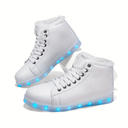 LED Glow Shoes - USB-Powered Winter Warmth, High-Top Sneakers with Glowing Lights, Lace-Up Closure, TPR Sole - for Men & Women, Skateboarding, Winter Sports, Skateboarding Footwear, Trendy Footwear, Durable Footwear