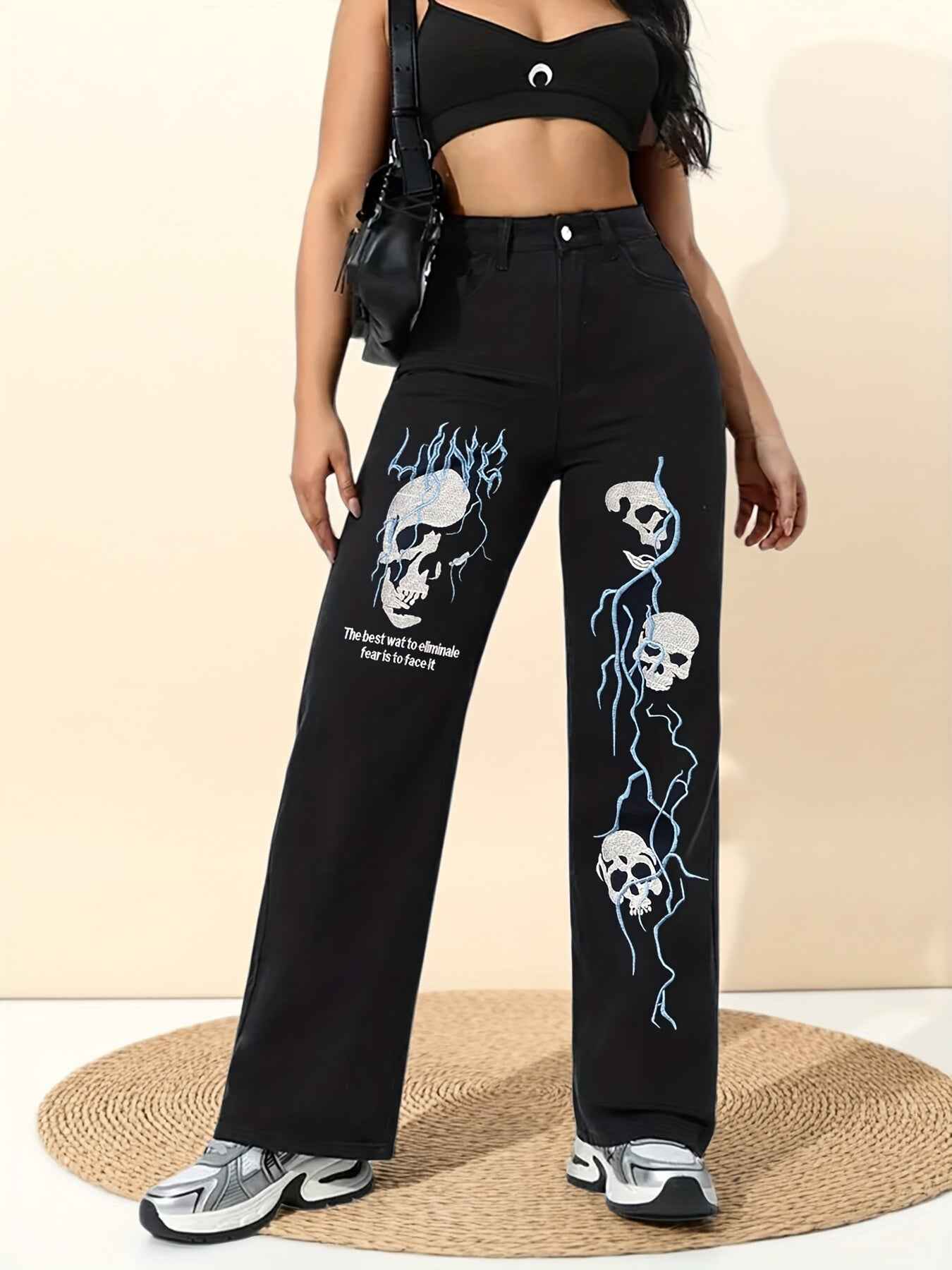 Women's High-Waisted Wide-Leg Jeans with Gothic Skull & Bone Embellishments - Black & White Stretch Pants, All-Season Casual Streetwear, /Edgy Outfits (Machine Washable) - Loose Fit Trousers with Pockets