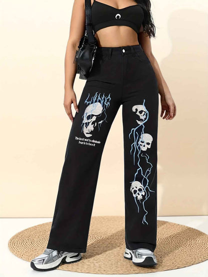 Women's High-Waisted Wide-Leg Jeans with Gothic Skull & Bone Embellishments - Black & White Stretch Pants, All-Season Casual Streetwear, /Edgy Outfits (Machine Washable) - Loose Fit Trousers with Pockets