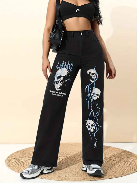 Women's High-Waisted Wide-Leg Jeans with Gothic Skull & Bone Embellishments - Black & White Stretch Pants, All-Season Casual Streetwear, /Edgy Outfits (Machine Washable) - Loose Fit Trousers with Pockets
