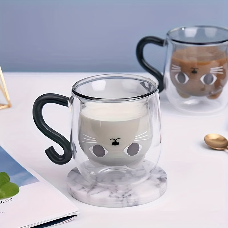 1 pc, cute kawaii cat coffee mug, insulated double wall glass, multi-purpose, reusable, perfect birthday/Christmas gift SS69