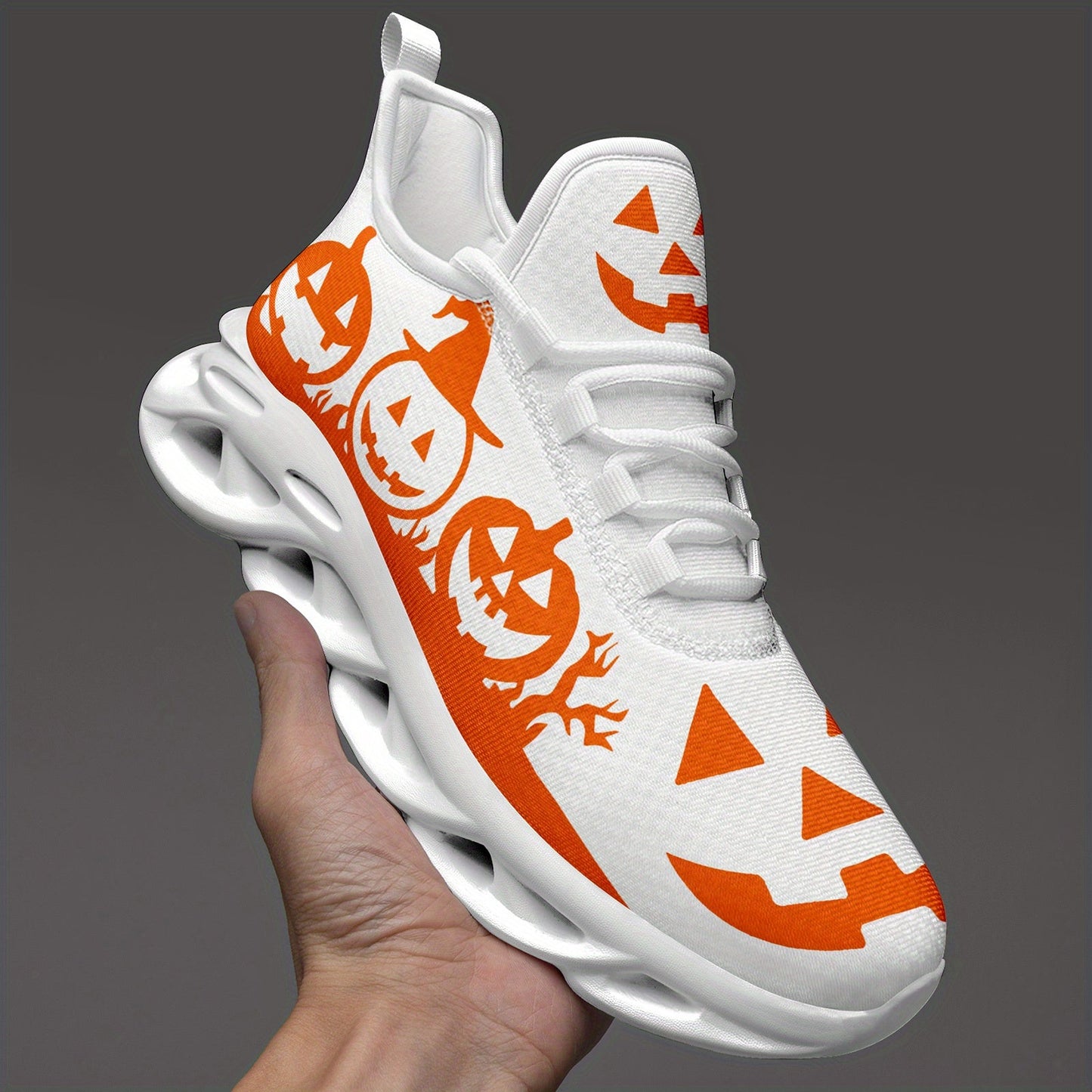 Women's Halloween Sneakers - Orange Pumpkin Jack-o'-Lanterns, Lace-Up Trick Treat Shoes, Plus Size Available - All-Season Casual Shoes for Halloween Parties, Casual Attire & Costume Outfits - Lightweight EVA Sole for Fall Fes SS69