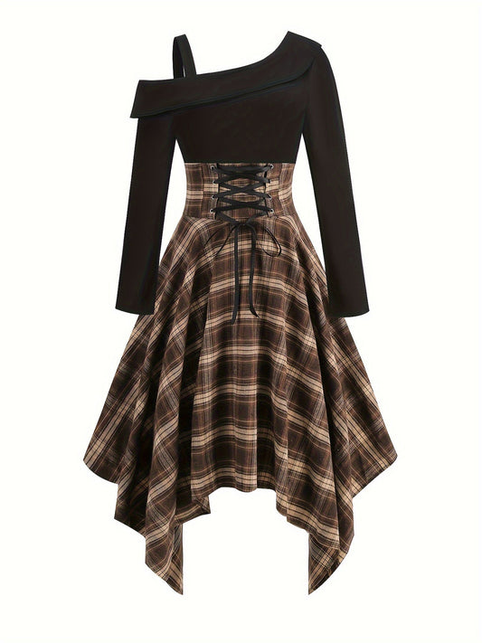 Vintage-Inspired Plaid Cocktail Dress - Fitted, Asymmetrical Neckline, Single Shoulder Strap Polyester Knit Fabric Dress for All-Season Wear SS69