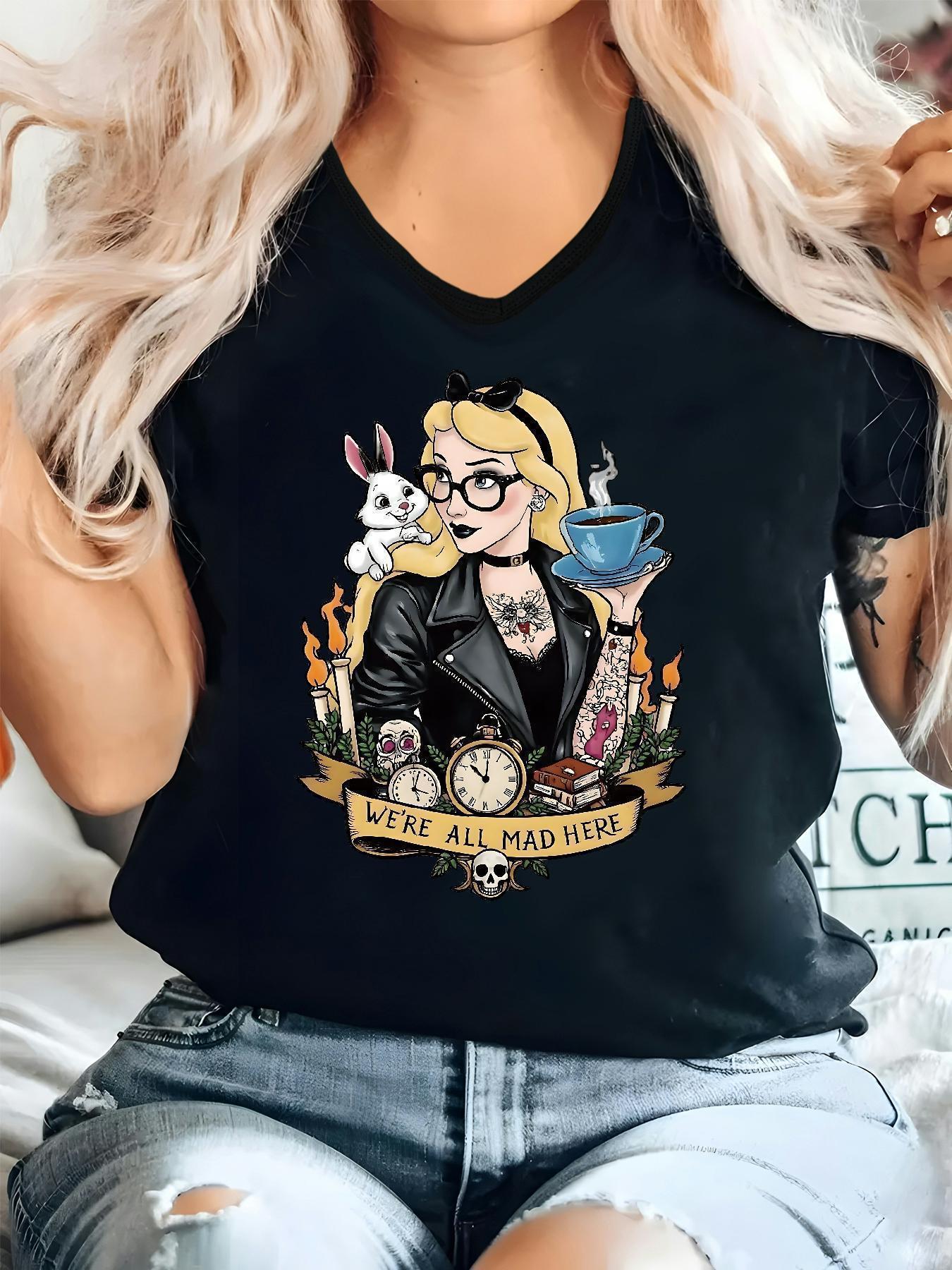 Women'S Gothic Style V-Neck T-Shirt with Alice in Wonderland Print - High-Quality Casual Short Sleeve Top, Floral Design, Perfect for Commuting & Gifting, Halloween & Christmas Horror Night Theme, Halloween Shirts SS69