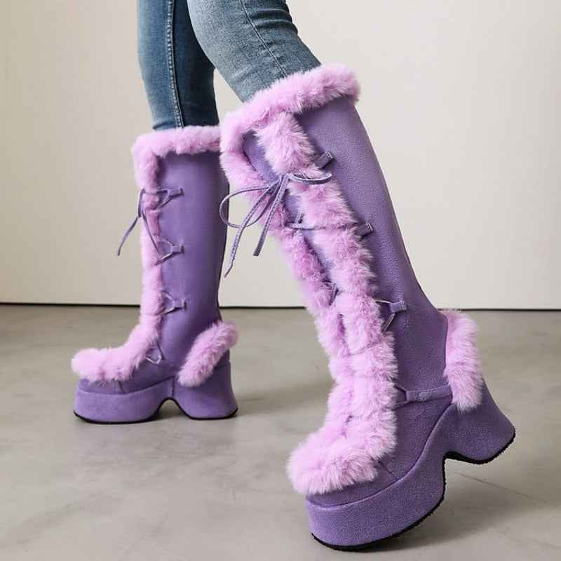 Women's Y2K Goth Boots/Faux Fur Knee-High Platform Winter/Chunky Heel & Lace-Up Closure/Warm Pink Furry Collar/Square Toe/Thick Rubber Sole & PU Cover/Cozy Snow Boots for Christmas, Parties & Casual Attire/Cold Weather Footwe