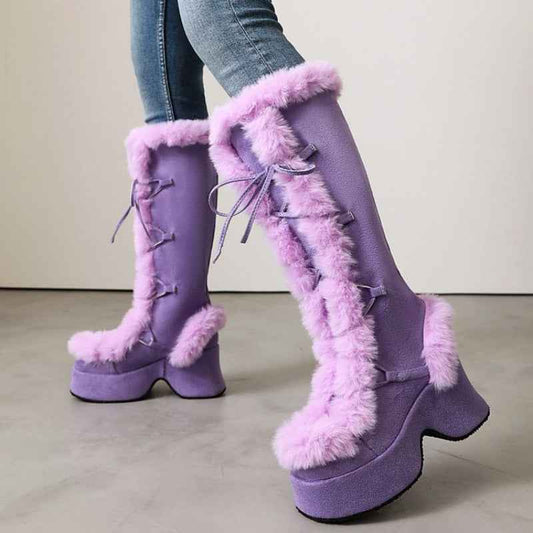 Women's Y2K Goth Boots/Faux Fur Knee-High Platform Winter/Chunky Heel & Lace-Up Closure/Warm Pink Furry Collar/Square Toe/Thick Rubber Sole & PU Cover/Cozy Snow Boots for Christmas, Parties & Casual Attire/Cold Weather Footwe