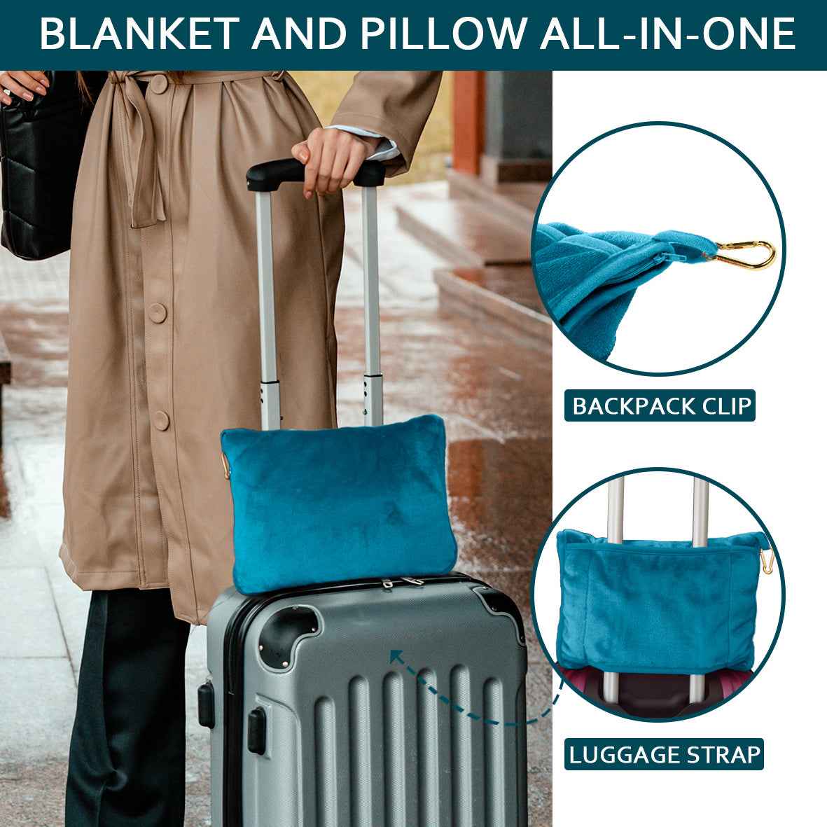Travel Blanket and Pillow - Ultra-Soft, Compact & Lightweight, 65x40 Inches, with Carry Case, Luggage Sleeve & Backpack Clip for Airplane Comfort