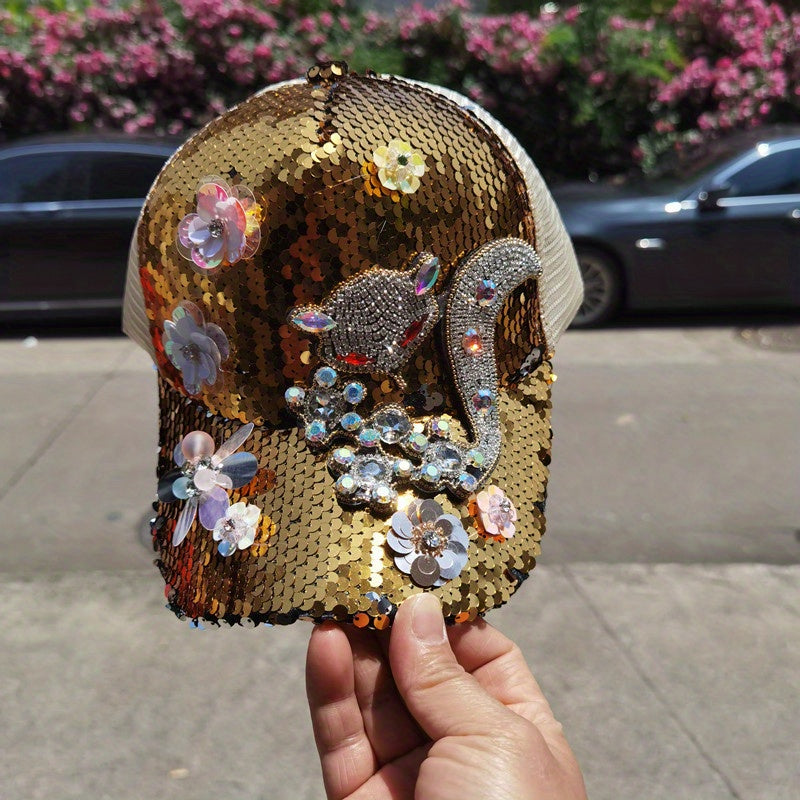 [Anime Baseball Cap] Anime Theme Women's Fashion Baseball Cap - Breathable Mesh, Adjustable Fit, Rhinestones and Floral Embellishments, Hot-stamping Craftsmanship, Sparkling Sequin Duckbill Hat, Carnival/Mardi Gras/Masquerade SS69