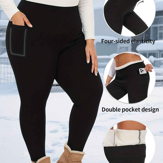 Plus Size, Women's Thermal Full-Length Leggings with Pockets - High-Elasticity Snug-Fit Pants for Winter Warmth, Solid Color Casual Wear Suitable for Home,, & Outdoor