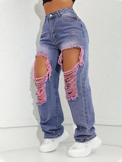 Trendy Retro High-Waisted Ripped Wide-Leg Jeans for Women - Distressed Denim with Pink Frayed Hems, Mid-Rise, Loose Fit, Machine Washable, All-Season Casual Wear SS69