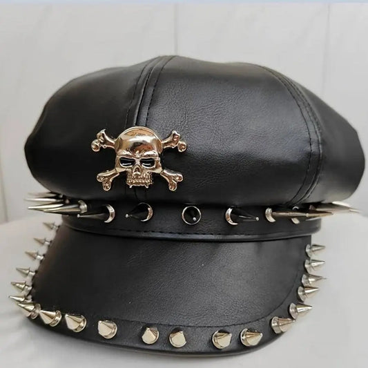 1PC Y2K Punk Rivet PU Leather Cap for Women - Adult Hip-Hop Dance Skull Hat, Inelastic Street Style Octagonal Cap for Halloween, No Feather, Stripe Craftsmanship - SS69