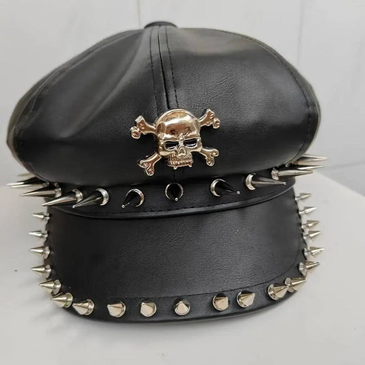 1PC Y2K Punk Rivet PU Leather Cap for Women - Adult Hip-Hop Dance Skull Hat, Inelastic Street Style Octagonal Cap for Halloween, No Feather, Stripe Craftsmanship - SS69