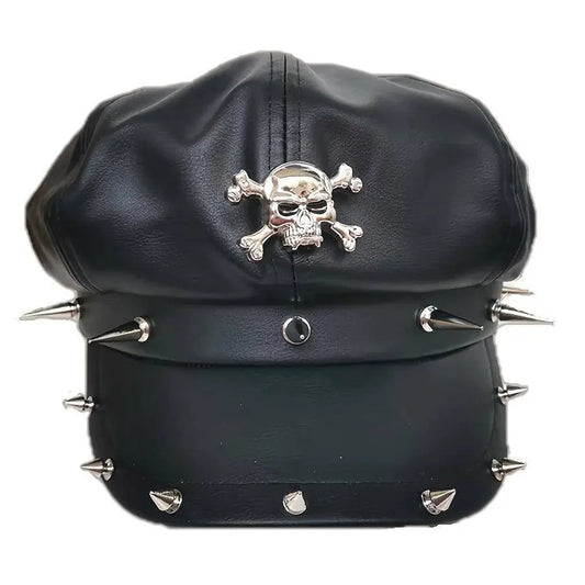 1PC Y2K Punk Rivet PU Leather Cap for Women - Adult Hip-Hop Dance Skull Hat, Inelastic Street Style Octagonal Cap for Halloween, No Feather, Stripe Craftsmanship - SS69
