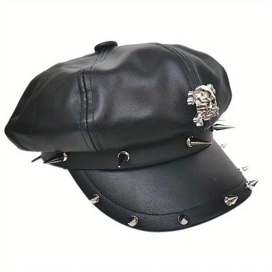1PC Y2K Punk Rivet PU Leather Cap for Women - Adult Hip-Hop Dance Skull Hat, Inelastic Street Style Octagonal Cap for Halloween, No Feather, Stripe Craftsmanship - SS69