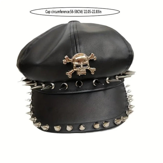 1PC Y2K Punk Rivet PU Leather Cap for Women - Adult Hip-Hop Dance Skull Hat, Inelastic Street Style Octagonal Cap for Halloween, No Feather, Stripe Craftsmanship - SS69