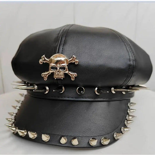 1PC Y2K Punk Rivet PU Leather Cap for Women - Adult Hip-Hop Dance Skull Hat, Inelastic Street Style Octagonal Cap for Halloween, No Feather, Stripe Craftsmanship - SS69