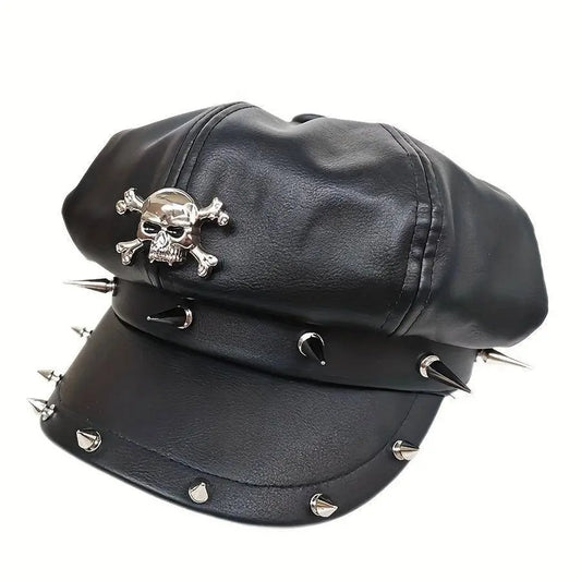 1PC Y2K Punk Rivet PU Leather Cap for Women - Adult Hip-Hop Dance Skull Hat, Inelastic Street Style Octagonal Cap for Halloween, No Feather, Stripe Craftsmanship - SS69
