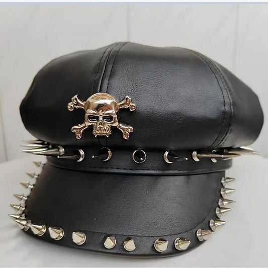 1PC Y2K Punk Rivet PU Leather Cap for Women - Adult Hip-Hop Dance Skull Hat, Inelastic Street Style Octagonal Cap for Halloween, No Feather, Stripe Craftsmanship - SS69