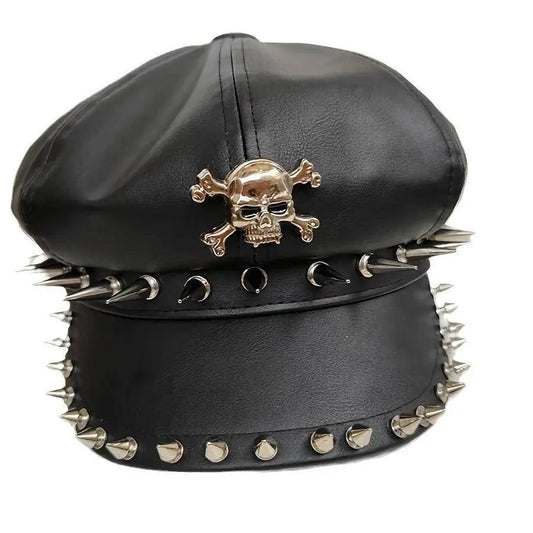 1PC Y2K Punk Rivet PU Leather Cap for Women - Adult Hip-Hop Dance Skull Hat, Inelastic Street Style Octagonal Cap for Halloween, No Feather, Stripe Craftsmanship - SS69