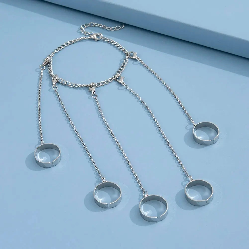 1Pc Ins Style Hiphop Punk Silver Color Ring & Bracelet Combo Five Finger Connected Mitten Rings For Women Daily Wear Or Party SS69