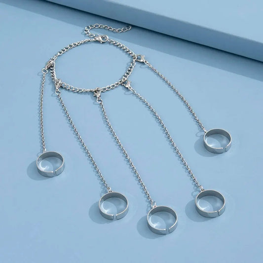 1Pc Ins Style Hiphop Punk Silver Color Ring & Bracelet Combo Five Finger Connected Mitten Rings For Women Daily Wear Or Party SS69