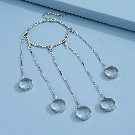 1Pc Ins Style Hiphop Punk Silver Color Ring & Bracelet Combo Five Finger Connected Mitten Rings For Women Daily Wear Or Party SS69