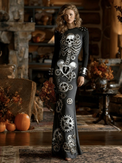 Women's Gothic Vampire Costume Dress - Full-Body Skeleton Print & Anatomical Heart Design Long Sleeve Maxi Gown with A-Line Silhouette, Short Train Hem for Halloween Parties, Prom, Themed Events - Machine Washable Gothic Wedd SS69
