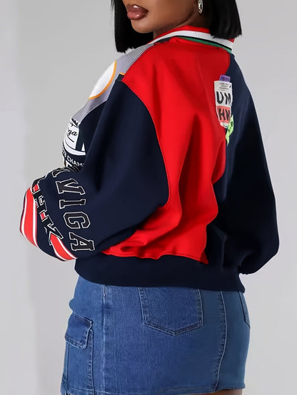 Fashion Patchwork Color Contrast Letter Print Loose Casual V-neck Hoodie SS69