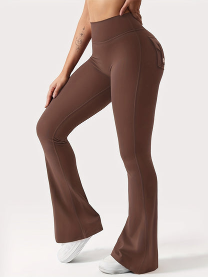 Full Of Elasticity Slim Fit Women's Pocket Yoga Pants - High Waist, Wide Legs, Solid Color, With Phone Pocket - SS69