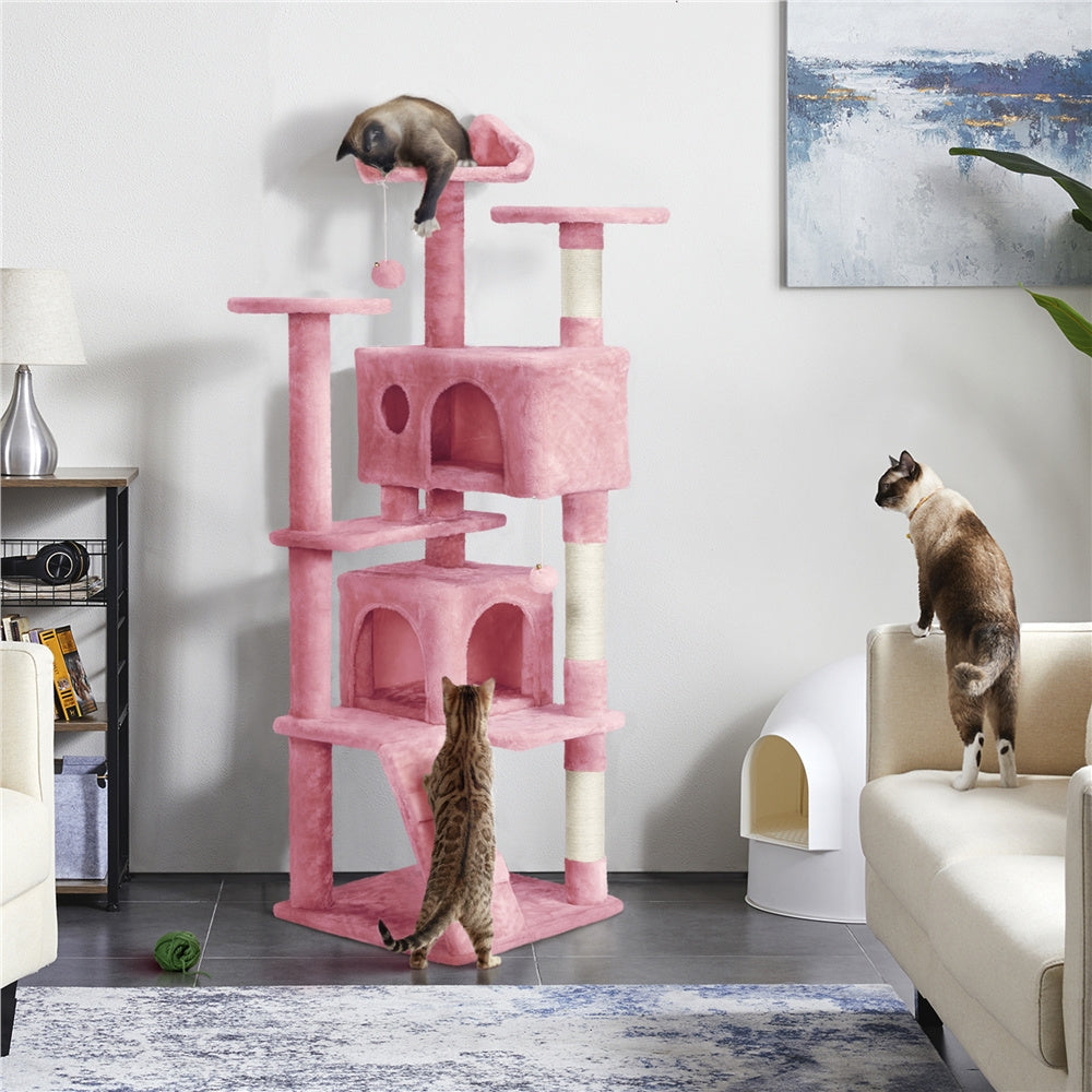 Costoffs Cat Tree 54in/70in/62in/80in/23.5in Cat Tower Condo with 2 Condos & 2 Dangling Balls & 3 Scratching Posts Large Cat House for for Kittens & Cats, Dark Gray/Light Gray/Beige/Black/Pink/Brown/Navy Blue/Green, Brown/W SS69 67.69 Pink / 62in