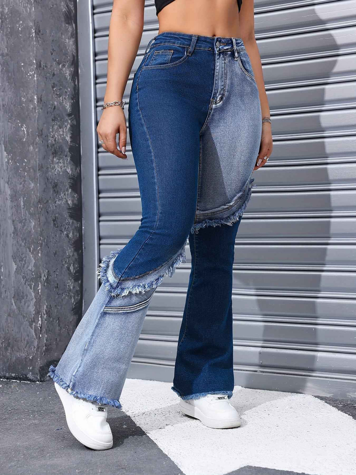 Women's High Waist Stretch Denim Jeans - Slim Fit Y2K Street Style with Two-Tone Patchwork & Raw Edge Flared Legs, Machine Washable Blue Washed Trousers, Trendy Outfit Pants, Bellbottom Silhouette, Detailed Stitching