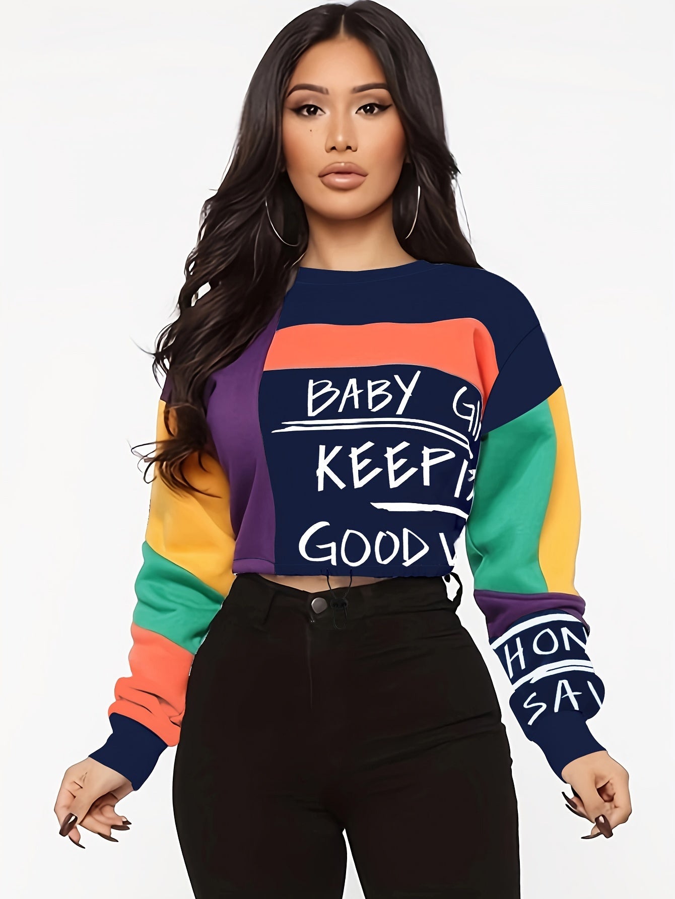 Women'S Color Block Letter Print Sweatshirt - Cozy Long Sleeve Crew Neck For Fall & Winter SS69