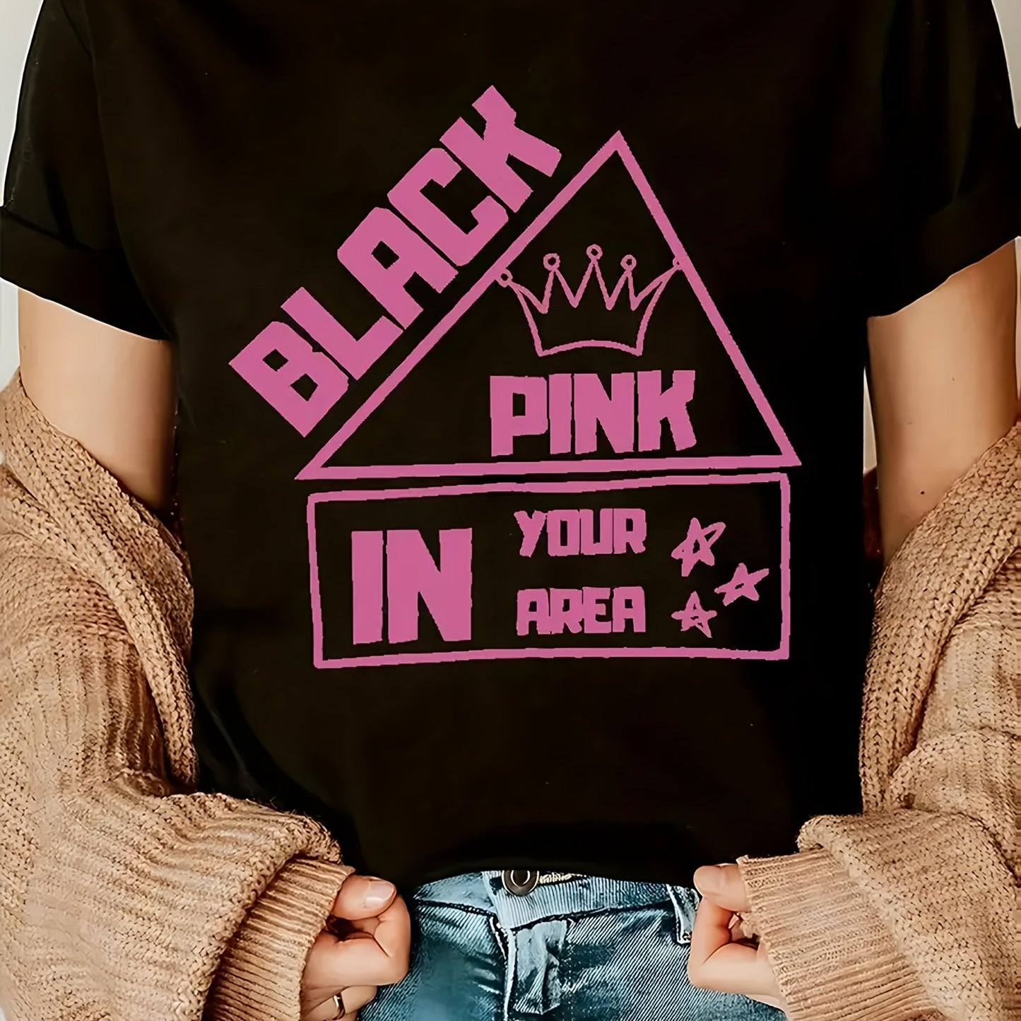 Women's Black Pink Graphic T-Shirt - "BLACK PINK IN YOUR AREA" Design, Casual Short Sleeve Tee, Perfect for Spring & Summer, Great Gift Idea SS69 20.69 Black / XXL