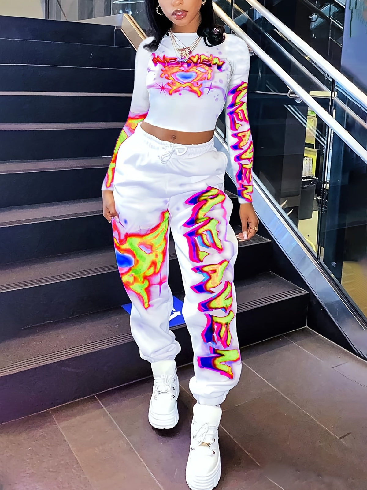 [Vibrant Y2K-Inspired Activewear Set] Vibrant Y2K-Inspired Heart & Letter Print Activewear Set - Long Sleeve Crop Top & Drawstring Joggers, Polyester/Spandex Blend, Perfect for Daily Fitness & Outdoor Fashion SS69