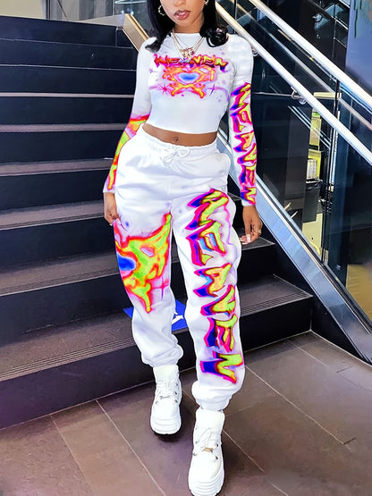 [Vibrant Y2K-Inspired Activewear Set] Vibrant Y2K-Inspired Heart & Letter Print Activewear Set - Long Sleeve Crop Top & Drawstring Joggers, Polyester/Spandex Blend, Perfect for Daily Fitness & Outdoor Fashion SS69