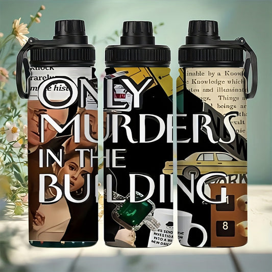 1 Stainless Steel Insulated Water Bottle with Spill-Proof Lid - Crime Mystery Novel Design Featuring "Only Murders in the Building" Artwork, Vintage-Style Clues & Quotes, Perfect for Cycling, Outdoor Adventures & Fans of the SS69