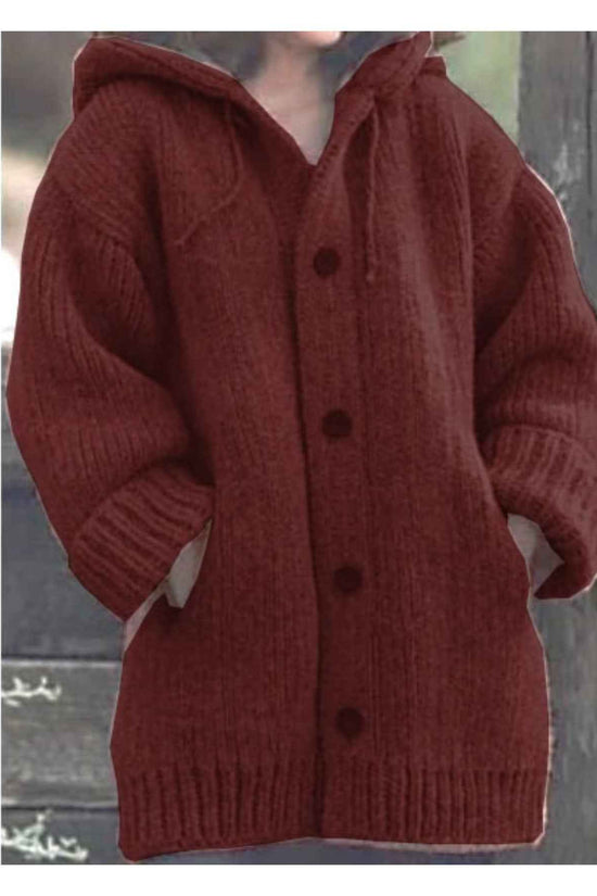 Plus Size, Plus Size Elegant Hooded Cardigan Jacket - 100% Winter Sweater Coat with Front Button Closure, Hooded Long Sweater Jacket Suitable for Fall/Winter, Brown/Navy/Red - Casual & Formal Wear, Machine Washable Cozy Outer