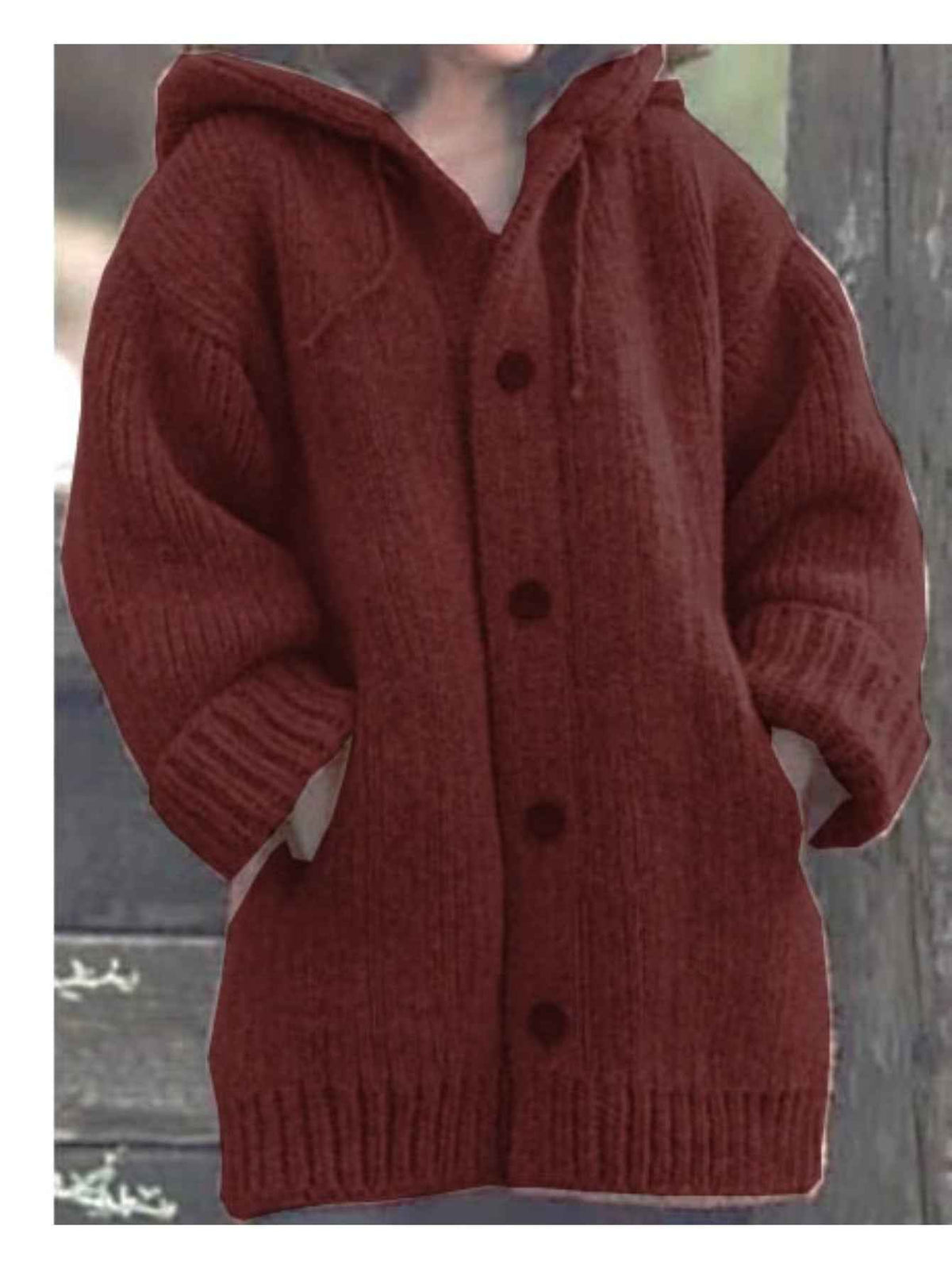 Plus Size, Plus Size Elegant Hooded Cardigan Jacket - 100% Winter Sweater Coat with Front Button Closure, Hooded Long Sweater Jacket Suitable for Fall/Winter, Brown/Navy/Red - Casual & Formal Wear, Machine Washable Cozy Outer