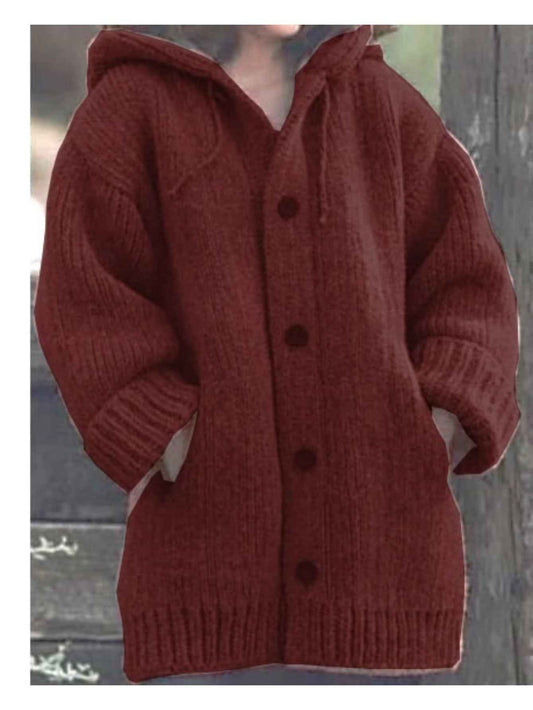 Plus Size, Plus Size Elegant Hooded Cardigan Jacket - 100% Winter Sweater Coat with Front Button Closure, Hooded Long Sweater Jacket Suitable for Fall/Winter, Brown/Navy/Red - Casual & Formal Wear, Machine Washable Cozy Outer