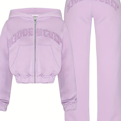 Chic Women's Athletic Set: Full-Zip Hoodie & Slim-Fit Pants - Comfortable, Adjustable, and Stylish with Letter Print Design - SS69