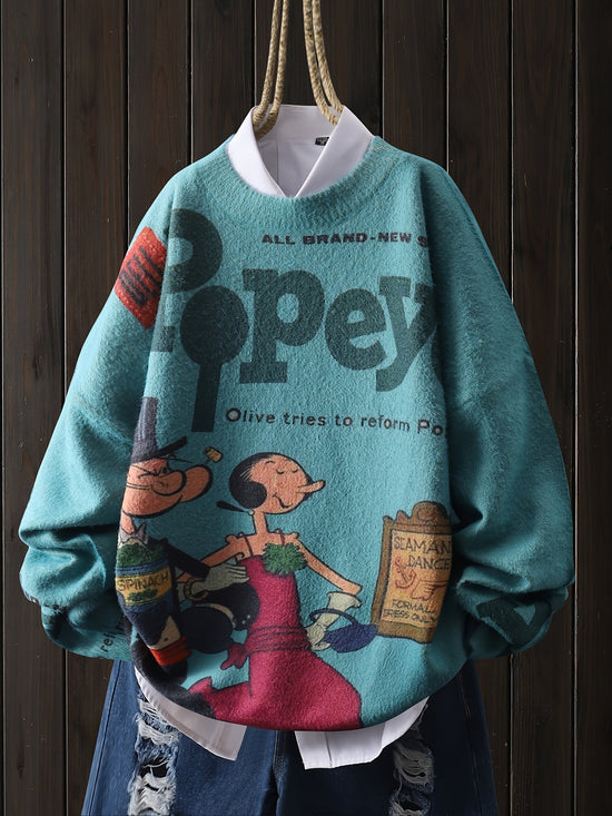 [Cartoon Sailor Graphic Sweater] Elegant Cartoon Sailor Graphic Mink Fleece Knit Sweater - Crew Neck Long Sleeve Pullover for Women, Machine Washable, Big Pattern, Casual SS69