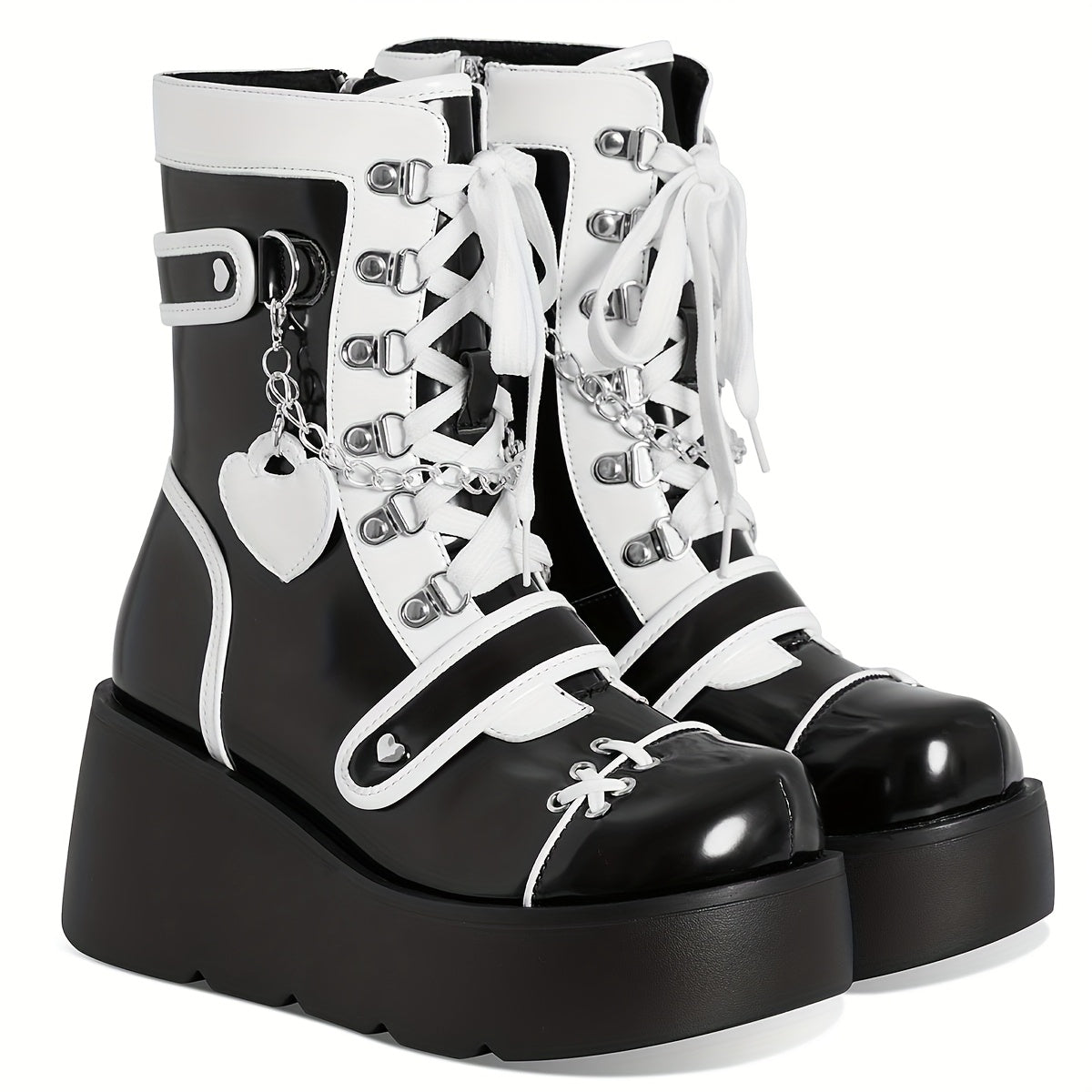 [Goth Rave High Heel Boots] Goth Rave High Heel Round Toe Zipper Wedges Mid Calf Booties - Platform Ankle Boots For Women - Kawaii Shoes SS69