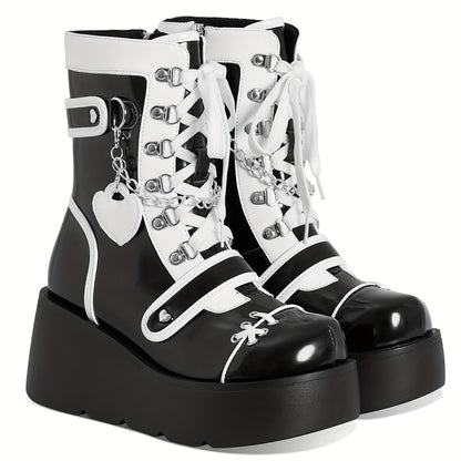 [Goth Rave High Heel Boots] Goth Rave High Heel Round Toe Zipper Wedges Mid Calf Booties - Platform Ankle Boots For Women - Kawaii Shoes SS69