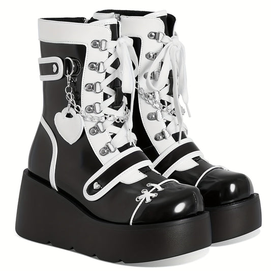 [Goth Rave High Heel Boots] Goth Rave High Heel Round Toe Zipper Wedges Mid Calf Booties - Platform Ankle Boots For Women - Kawaii Shoes SS69