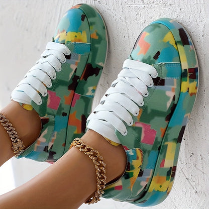 Casual Chic) Women's Vibrant Graffiti Print Lace-Up Sneakers - Low Top, Round Toe, All-Season Casual Shoes with Rubber Sole and Faux Cover Interior, Ladies Shoes SS69 39.69 Ocean Green / US 7.5
