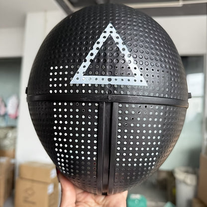 [Playful] Adjustable Black Full-Face Costume Mask for Adults - Funky Soldier Design with White Triangle & Circle Patterns, Breathable Plastic, Ideal for Halloween & Cosplay Parties, Roleplaying Prop | Playful Design | Secure SS69