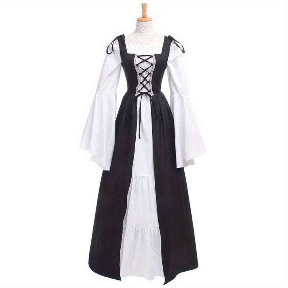 [Elegant Medieval Costume] Elegant Women's Medieval Two-Piece Costume - Renaissance Drama Outfit with Corset-like Bodice & Long Flowing Skirt | Halloween, Renaissance Faire, Themed Parties | Burgundy/White, Black/White, Green