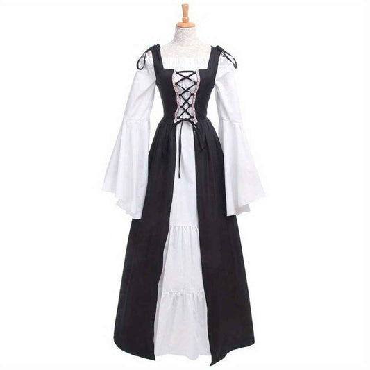 [Elegant Medieval Costume] Elegant Women's Medieval Two-Piece Costume - Renaissance Drama Outfit with Corset-like Bodice & Long Flowing Skirt | Halloween, Renaissance Faire, Themed Parties | Burgundy/White, Black/White, Green